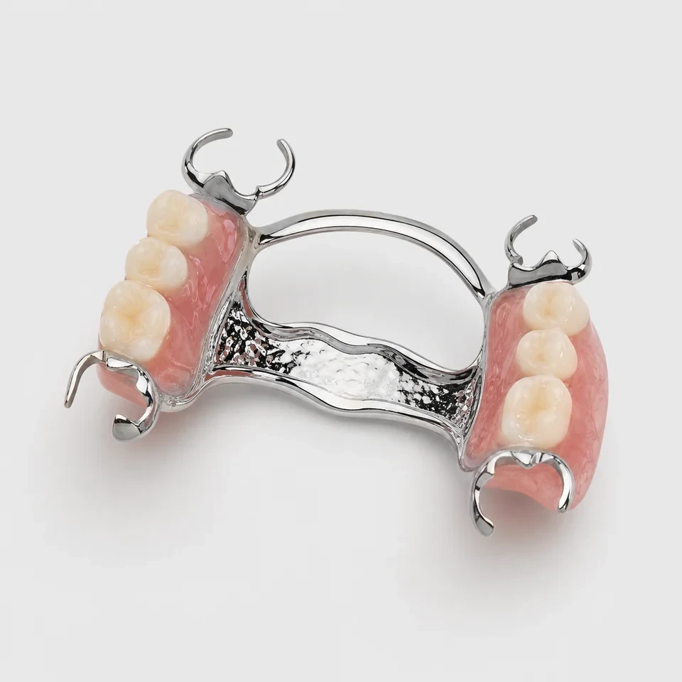Cobalt-chrome partial denture framework with clasps and denture teeth