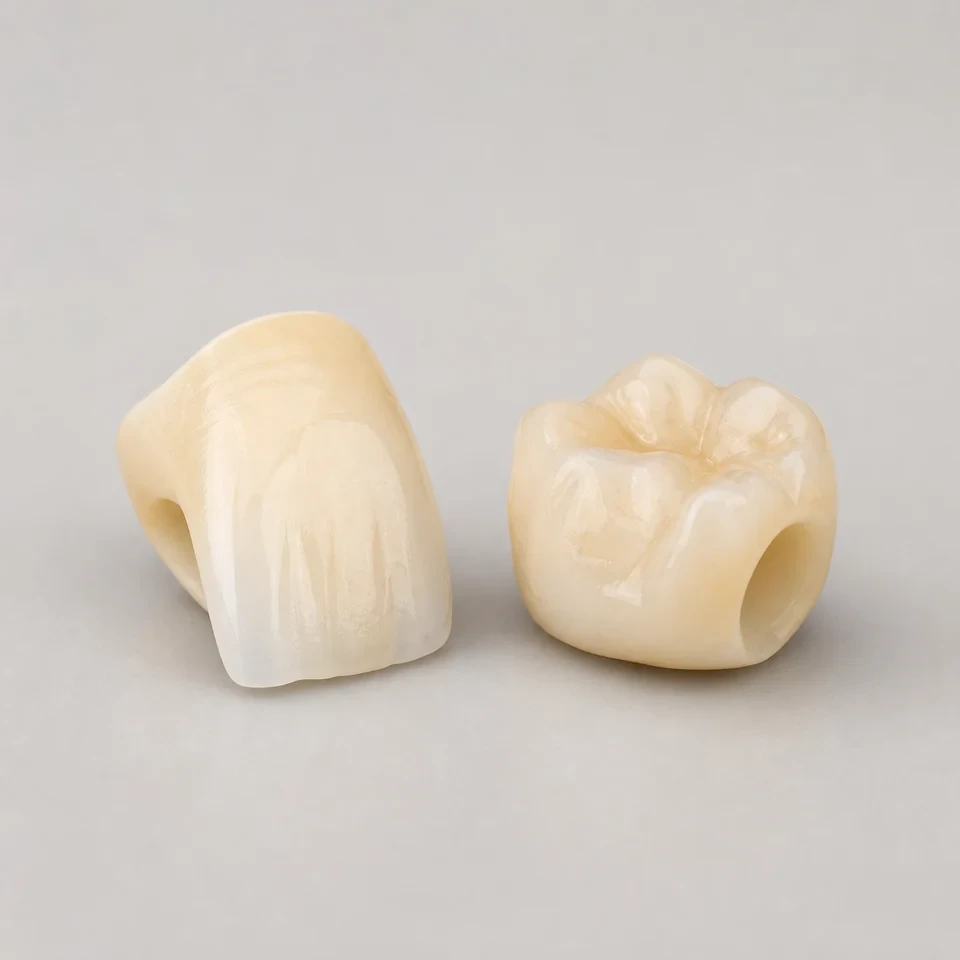Two ceramic crowns, one full contour and one cutback shell