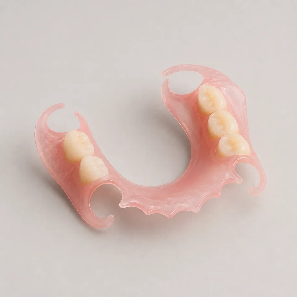 Flexible partial denture with clasps shown on a neutral studio background