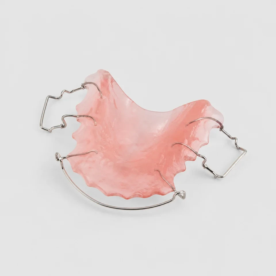Removable orthodontic appliance with an acrylic base and wire clasps