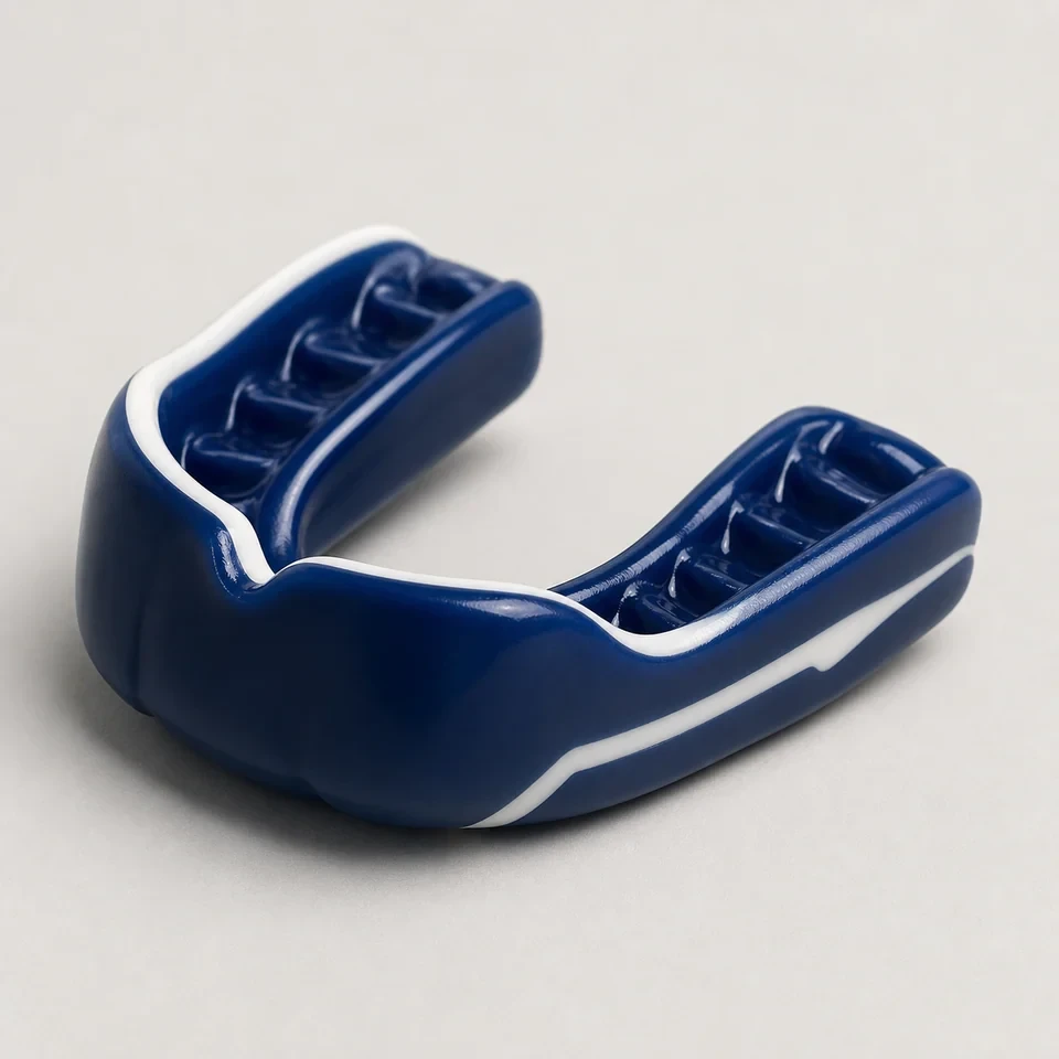 Laminated sports mouthguard in blue and white