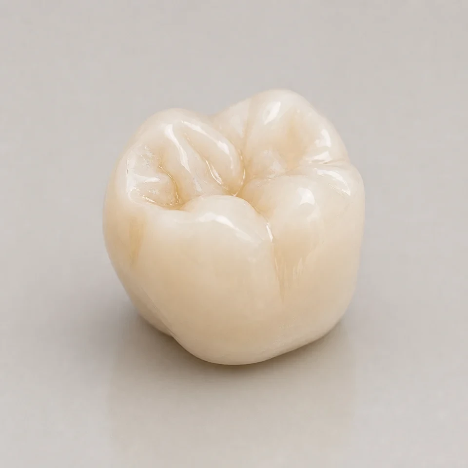 Full-contour zirconia crown photographed on a neutral background