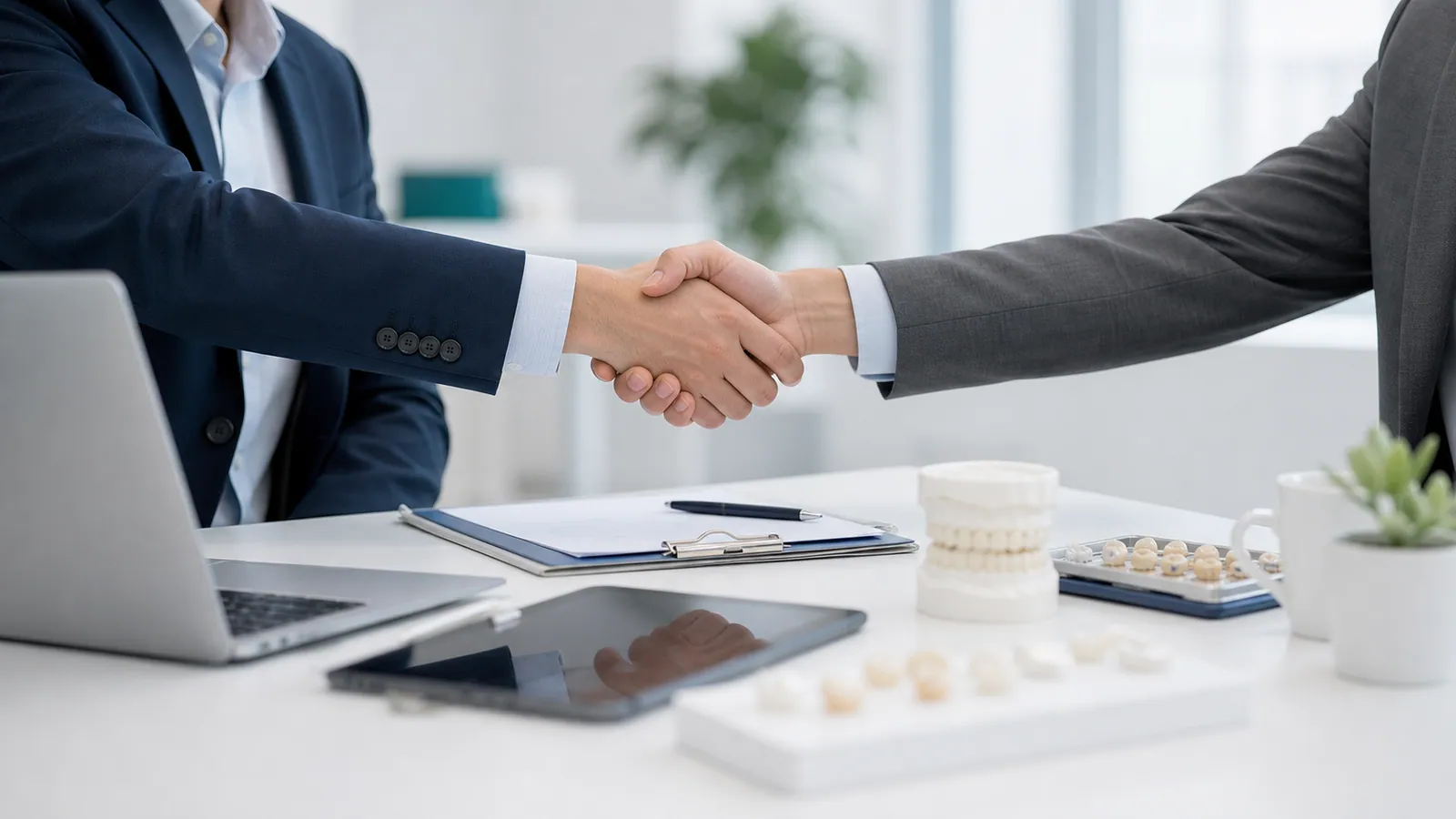 Business partnership discussion with dental restoration samples on a meeting desk