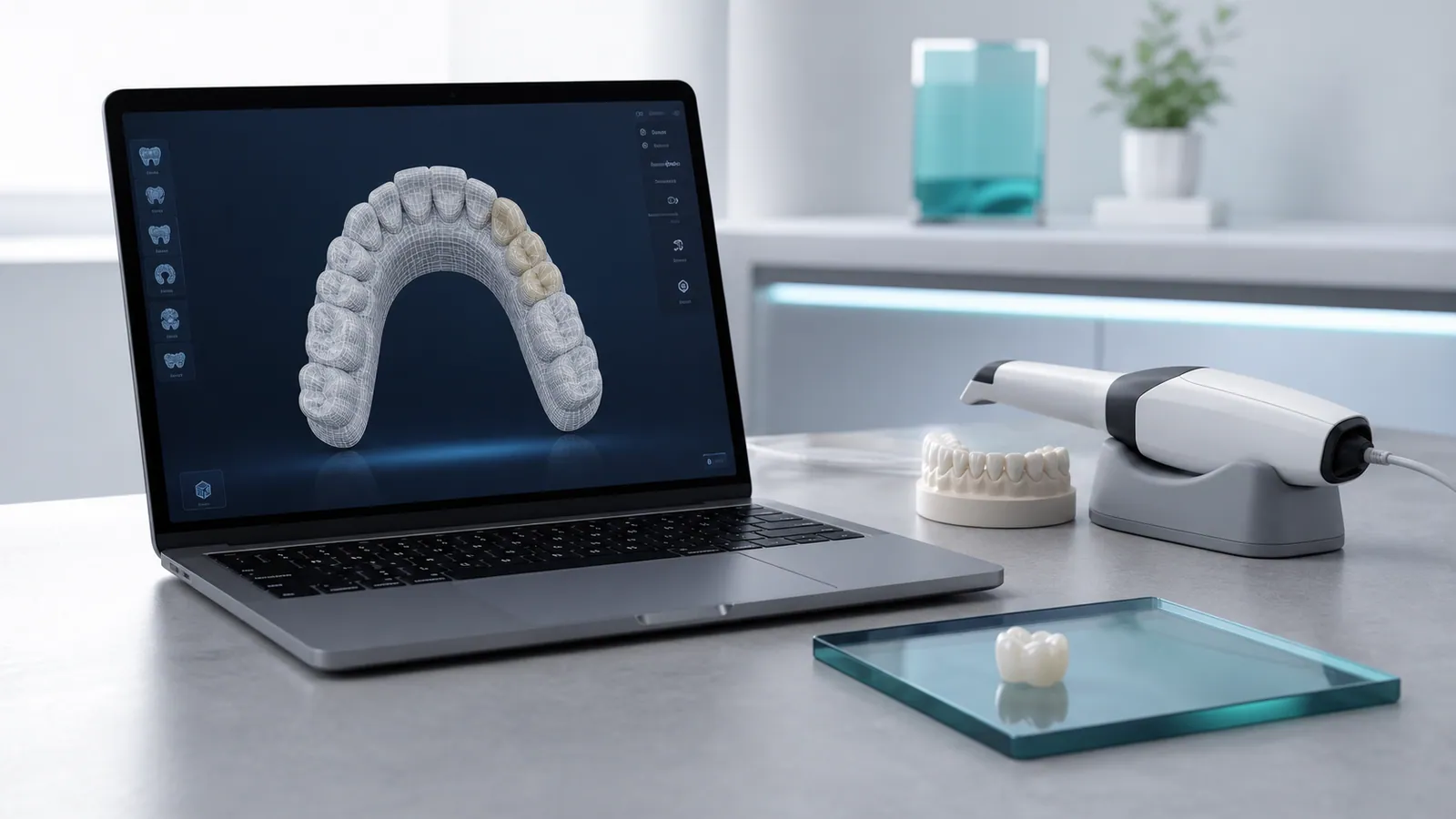 Laboratory workstation with a CAD design on screen, a dental model and an intraoral scanner