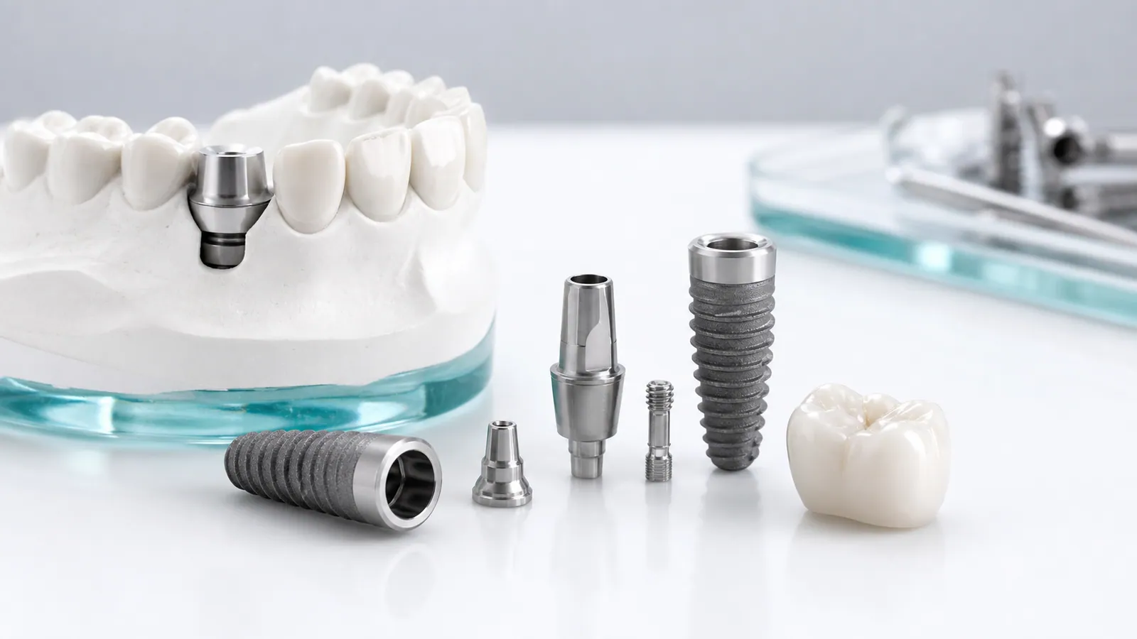Assorted implant components including scan bodies and abutments on a tray.