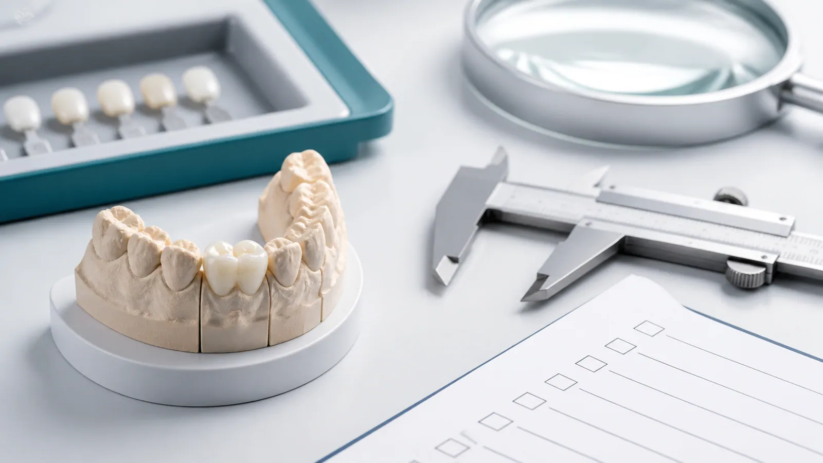 Crowns on a model being checked with calipers, a magnifier and a QC checklist